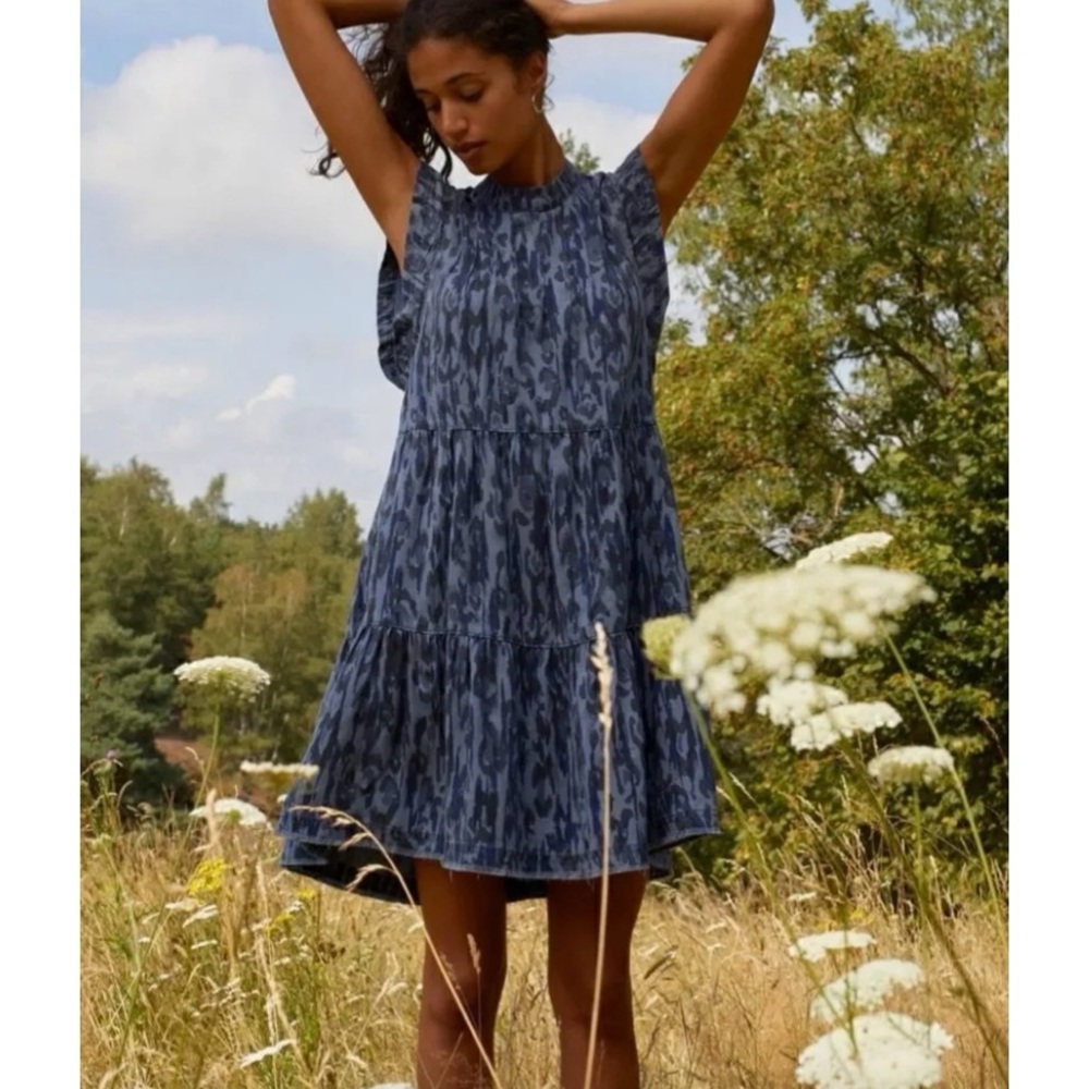Anthropologie Jenee Tiered Dress in Blue Motif Cheetah Leopard Tunic Boho, XL